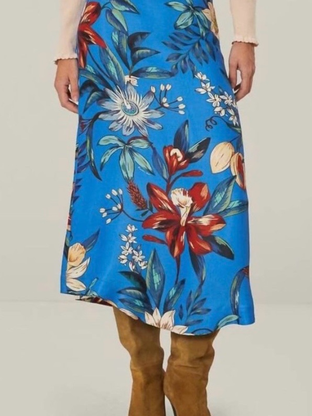 FARM Rio Blue Floral Midi Skirt with Red & Cream Blooms